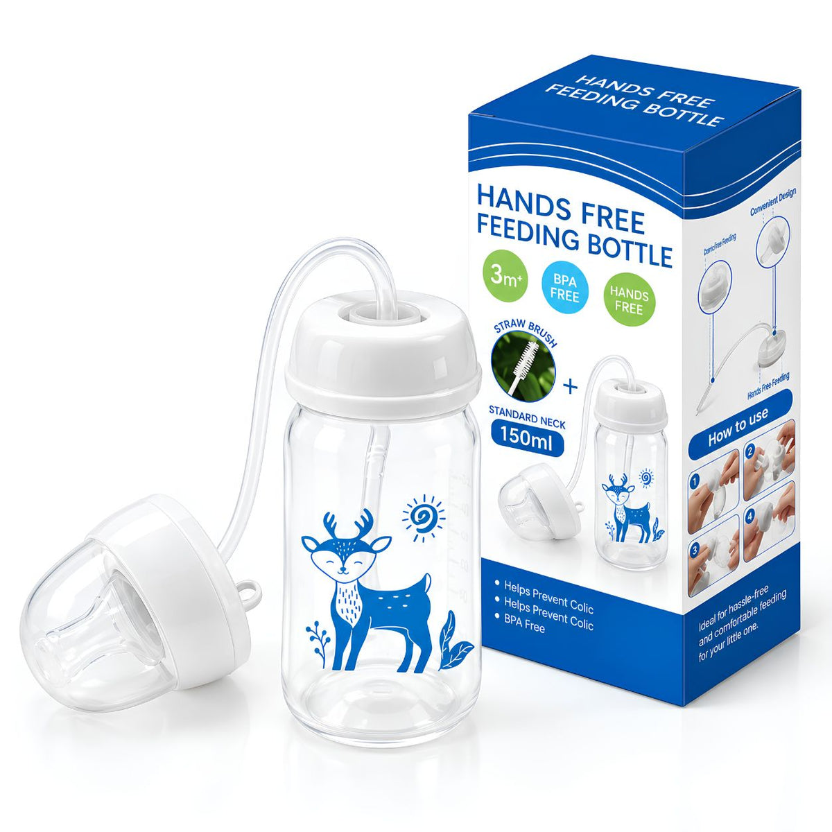 Hands free feeding bottle set with a clear bottle featuring a blue deer graphic, a white lid and tube, a detached clear cap, and its blue-and-white retail box on a white background.