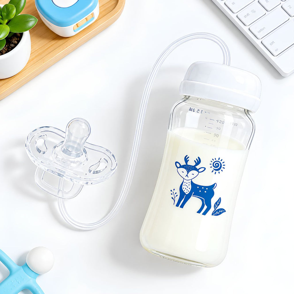Baby hand free feeding bottle with pacifier and flexible tube for convenient feeding