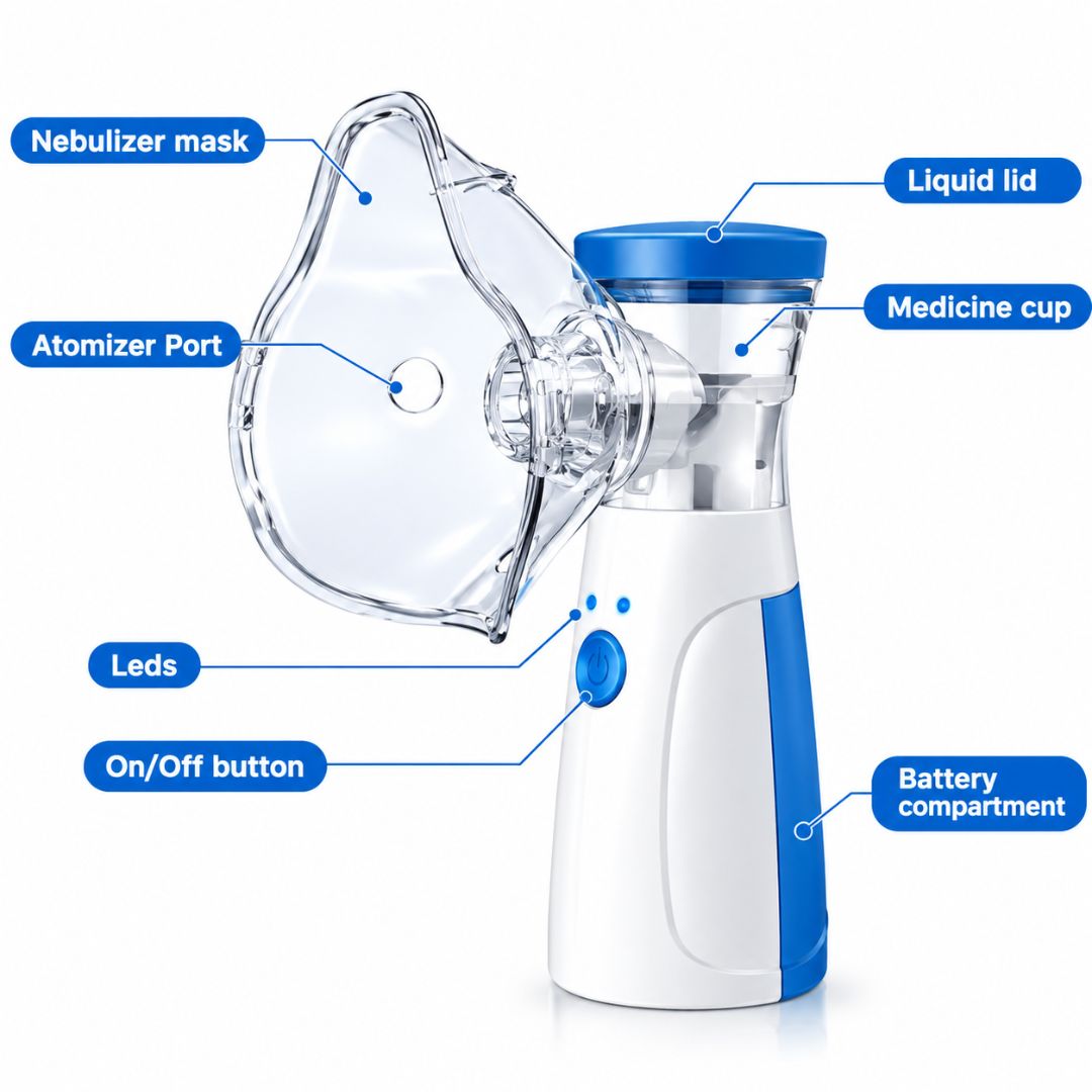 Portable Mesh Nebulizer with Nebulizer Mask, Medicine Cup, LED Indicators and Battery Compartment