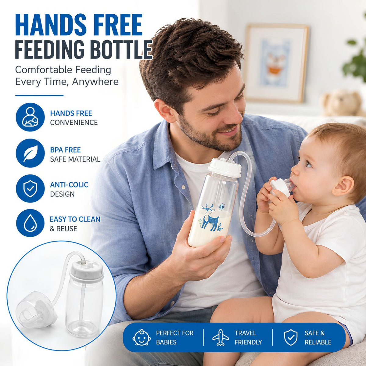A man and a baby are shown using a hands-free feeding bottle with a clear tube. The bottle has a white cap and a blue deer graphic, with the man holding the bottle in his hands.
