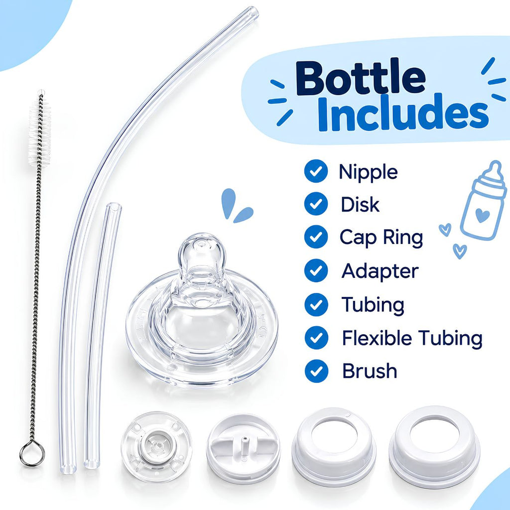 Baby Hand Free Feeding Bottle accessories laid out on a white background with a blue 'Bottle Includes' header and a checklist listing included items: nipple, disk, cap ring, adapter, tubing, flexible tubing, and brush.