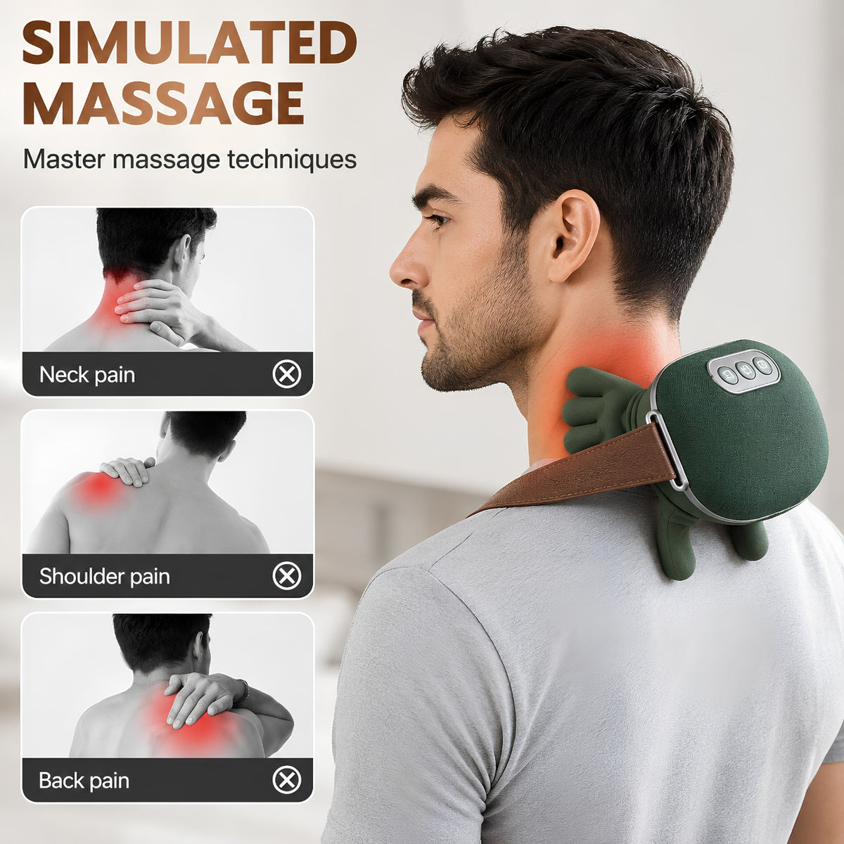 A man shown from the back wearing a dark green neck and shoulder massager on his upper back, with red heat indicators. The image includes marketing text reading 'SIMULATED MASSAGE' and three inset panels showing neck, shoulder, and back pain relief applications.