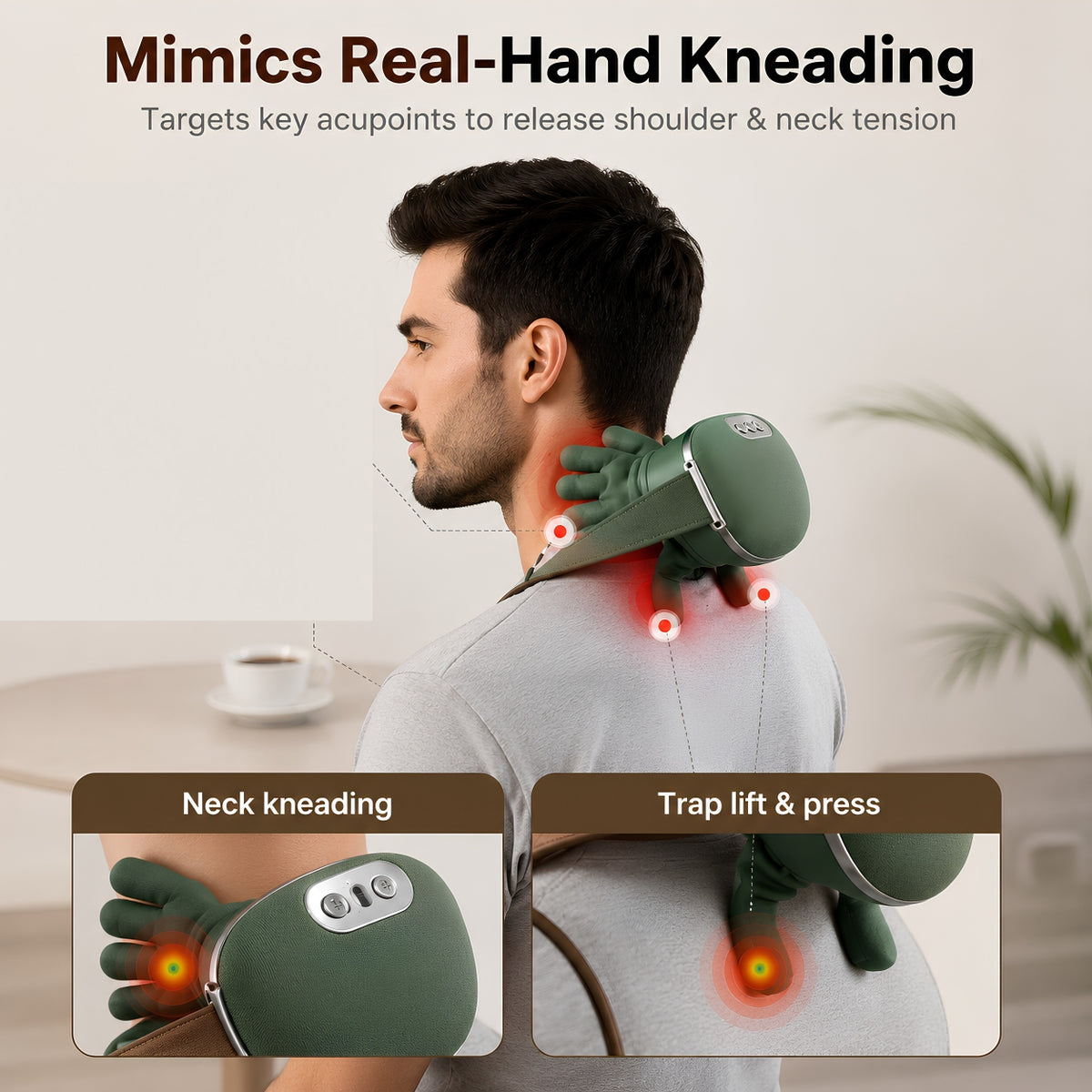 A man in a gray shirt demonstrates a green neck and shoulder massager being used on his neck and upper back, with text and inset diagrams explaining neck kneading and trap lift & press massage points.