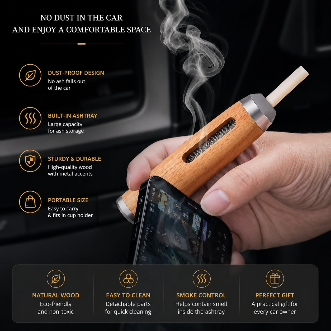 Portable Car Ashtray | Luxury Wooden Smokeless Ashtray
