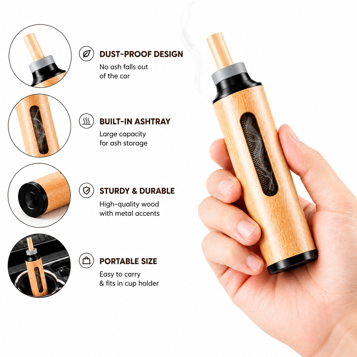 Portable Car Ashtray | Luxury Wooden Smokeless Ashtray