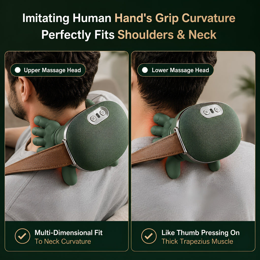 A promotional graphic showing a green neck and shoulder massage massager being used on a person's neck from behind, with two side-by-side panels labeled Upper Massage Head and Lower Massage Head. The text at the top reads 'Imitating Human Hand's Grip Curvature' and 'Perfectly Fits Shoulders & Neck,' with additional text at the bottom describing multi-dimensional fit and thumb pressing on the trapezius muscle.