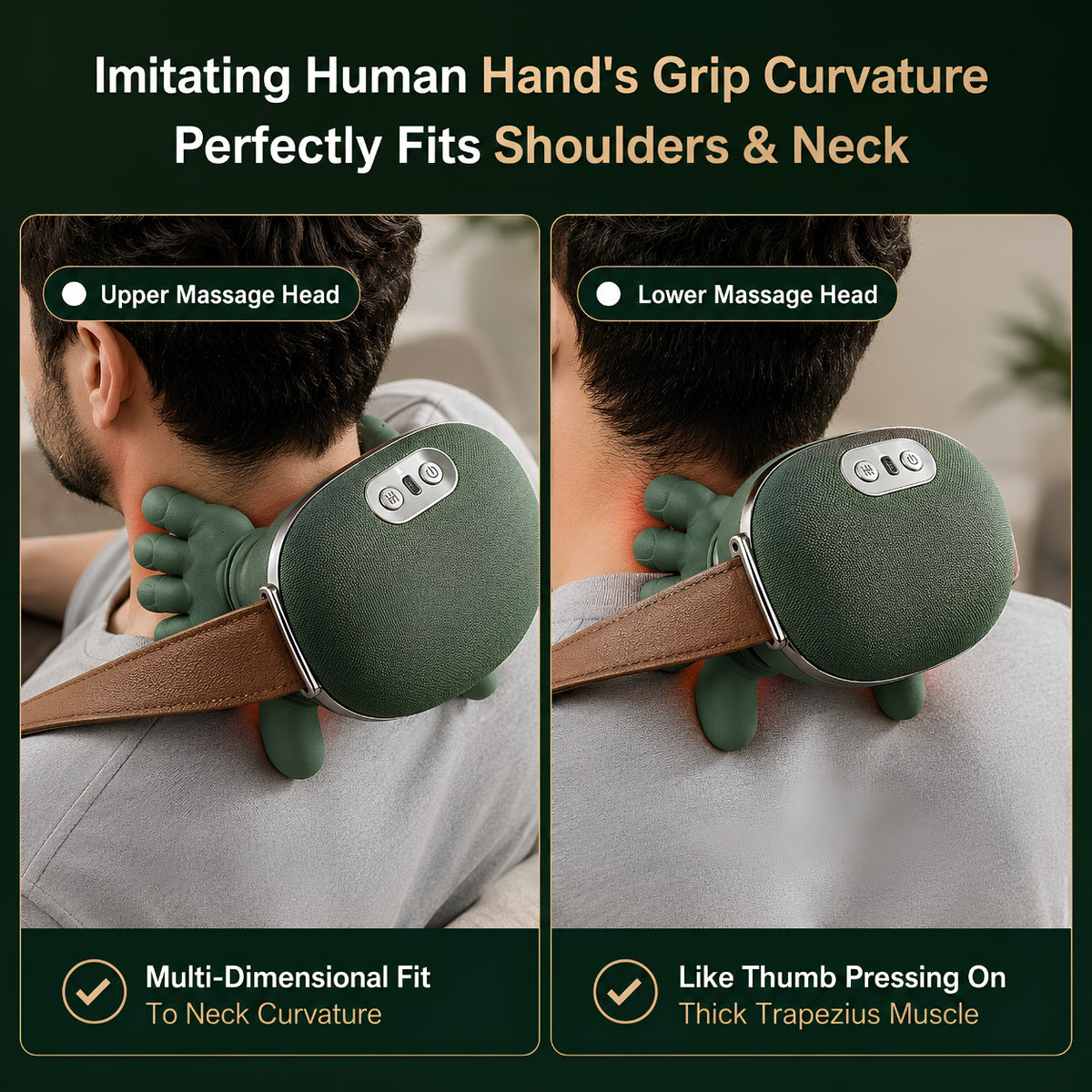 A promotional graphic showing a green neck and shoulder massage massager being used on a person's neck from behind, with two side-by-side panels labeled Upper Massage Head and Lower Massage Head. The text at the top reads 'Imitating Human Hand's Grip Curvature' and 'Perfectly Fits Shoulders & Neck,' with additional text at the bottom describing multi-dimensional fit and thumb pressing on the trapezius muscle.