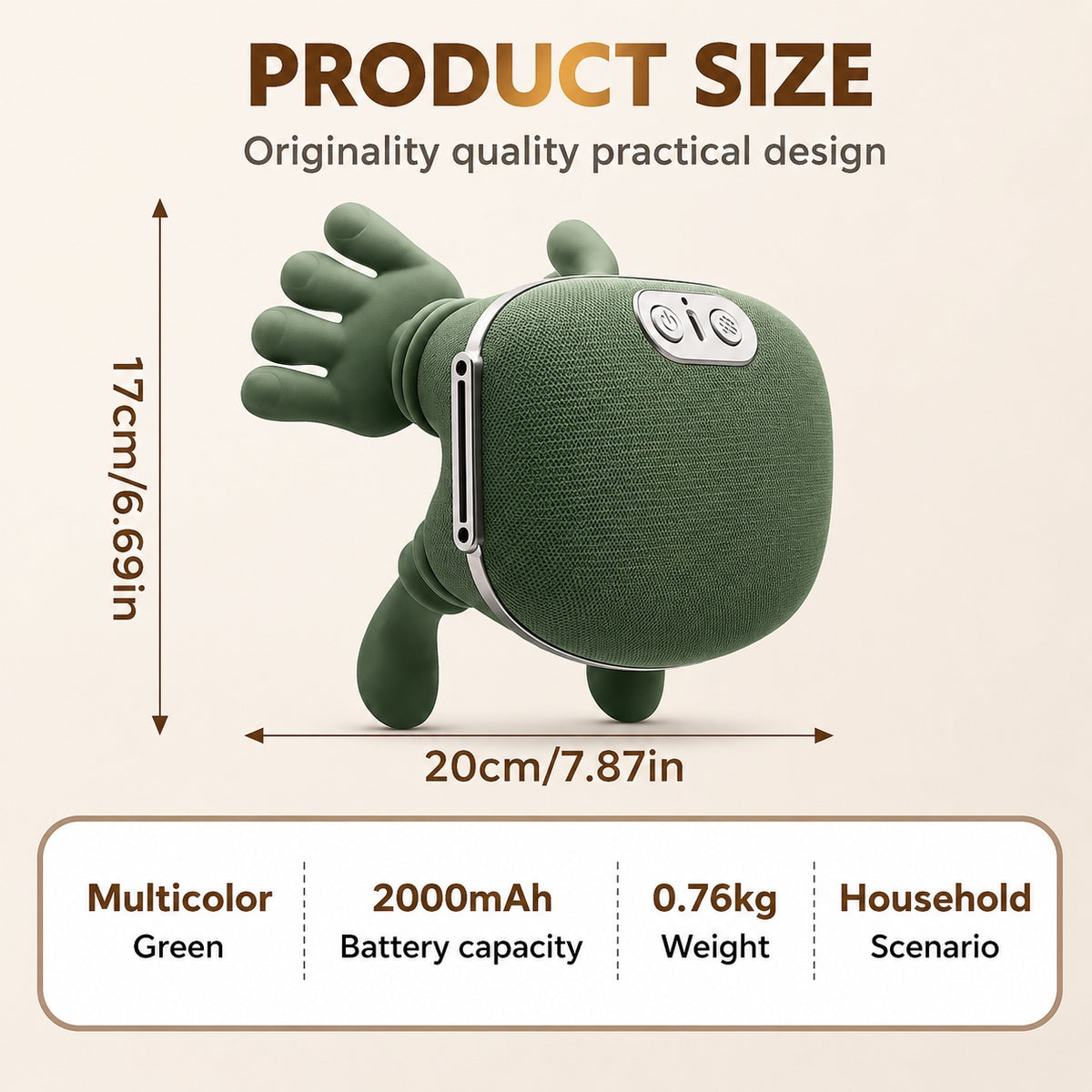 Neck & Shoulder Massager size labeled Diagram  with dimensions 17cm by 20cm, plus feature text including 'Multicolor Green', '2000mAh Battery capacity', '0.76kg Weight', and 'Household Scenario' on a beige background.