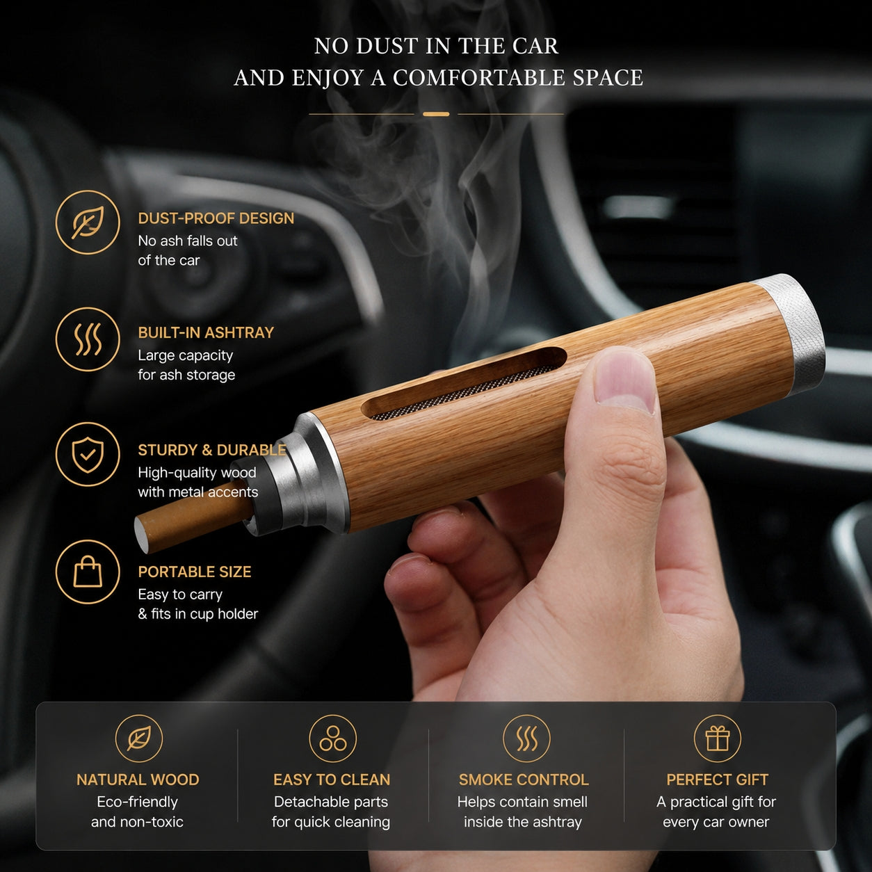 Portable Car Ashtray | Luxury Wooden Smokeless Ashtray